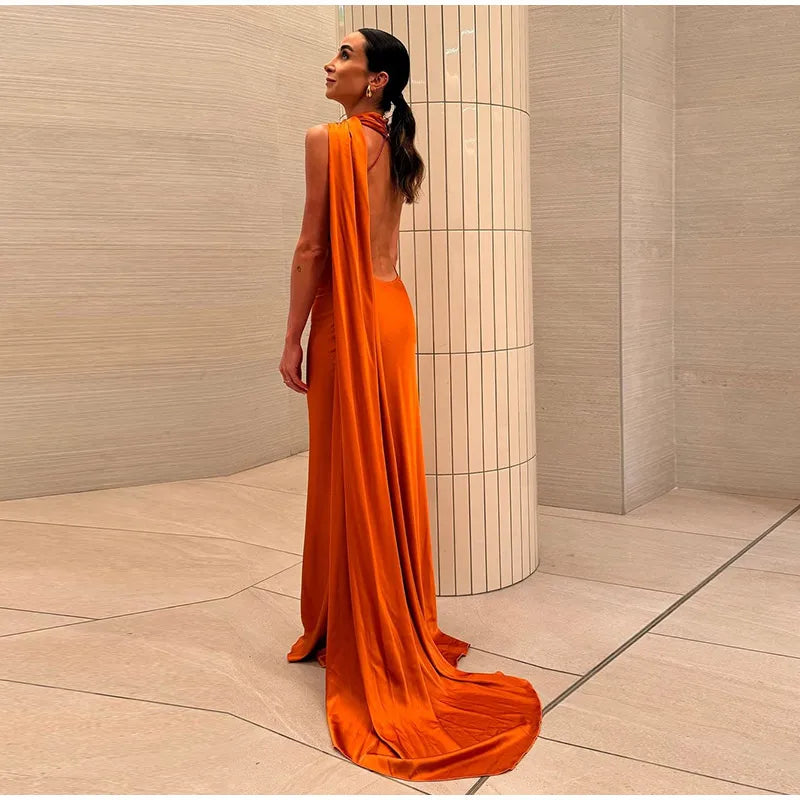 Elegant Solid Ribbon Women Halter Dress Off Shoulder Sleeveless Backless Slim Female Maxi Dresses 2025 Summer New Chic Lady Robe - Smarsty