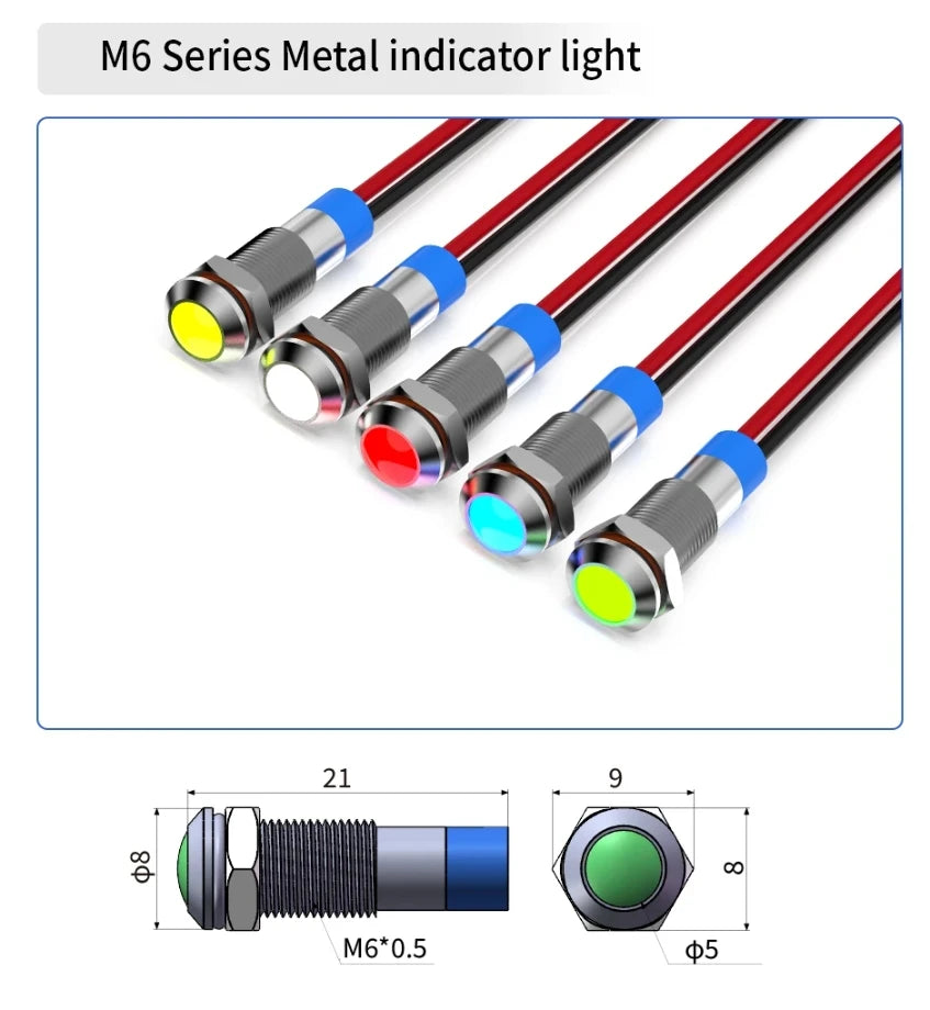 6mm LED waterproof metal indicator light signal light with wire 6V -12V -24V 24V 220V red/yellow/blue/green/white metal button - Smarsty