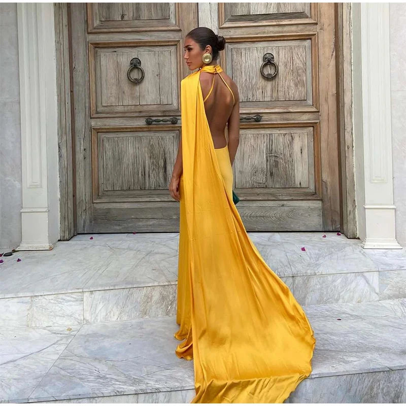 Elegant Solid Ribbon Women Halter Dress Off Shoulder Sleeveless Backless Slim Female Maxi Dresses 2025 Summer New Chic Lady Robe - Smarsty