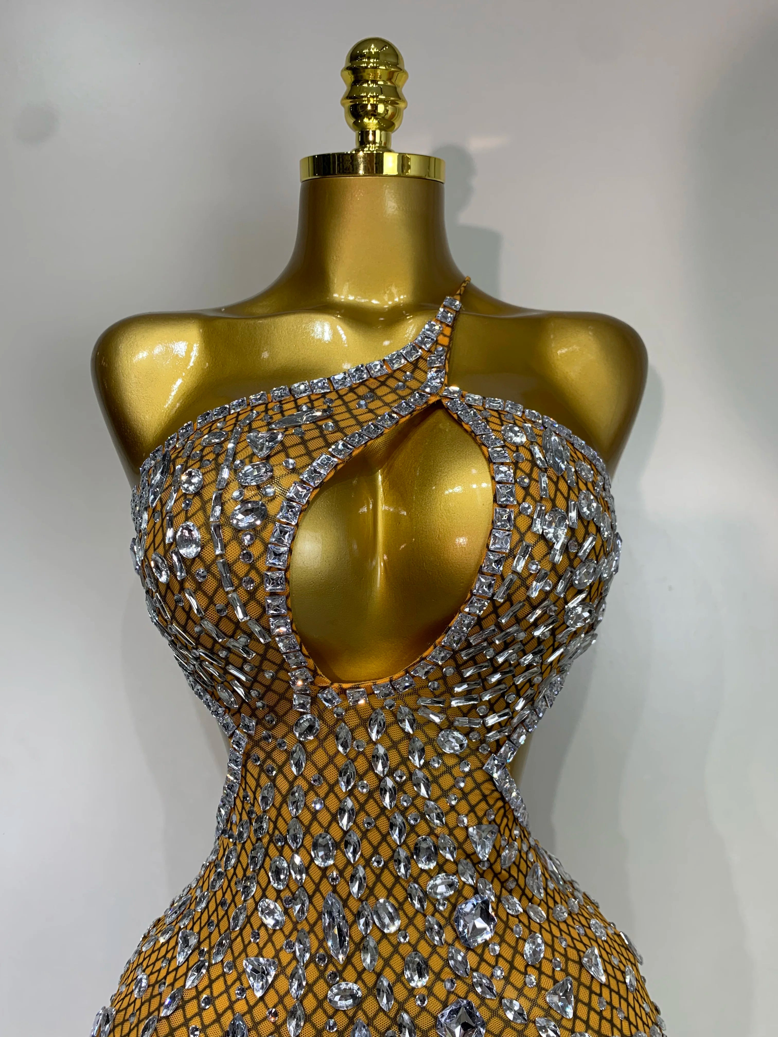 Sexy Sparkly Diamond Backless Short Dress 2025 Women Sleeveless Mesh See Through Evening Birthday Gown Singer Stage Outfit - Smarsty