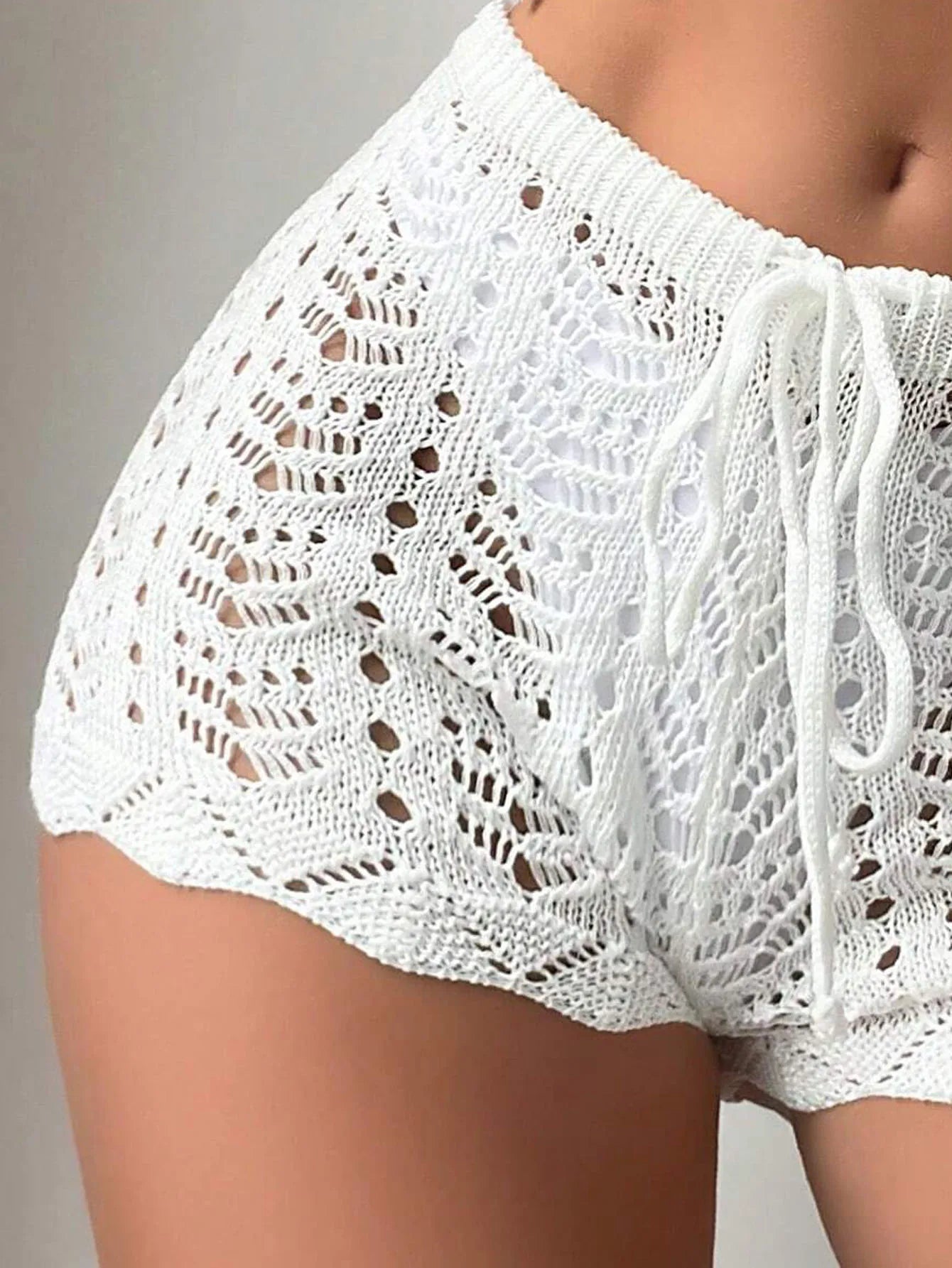 Polyester100.00% Hollow Drawstring Open Waist Knitted Bikini Blocked Women's Shorts - Smarsty