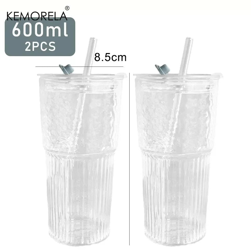 600ML Eco-Friendly Stripe Glass Cup with Lid and Straw - Smarsty