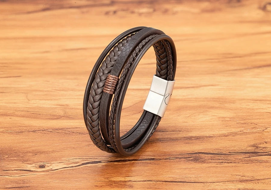 Mens Leather Bracelet Magnetic Buckle Multilayer Bangles - Smarsty