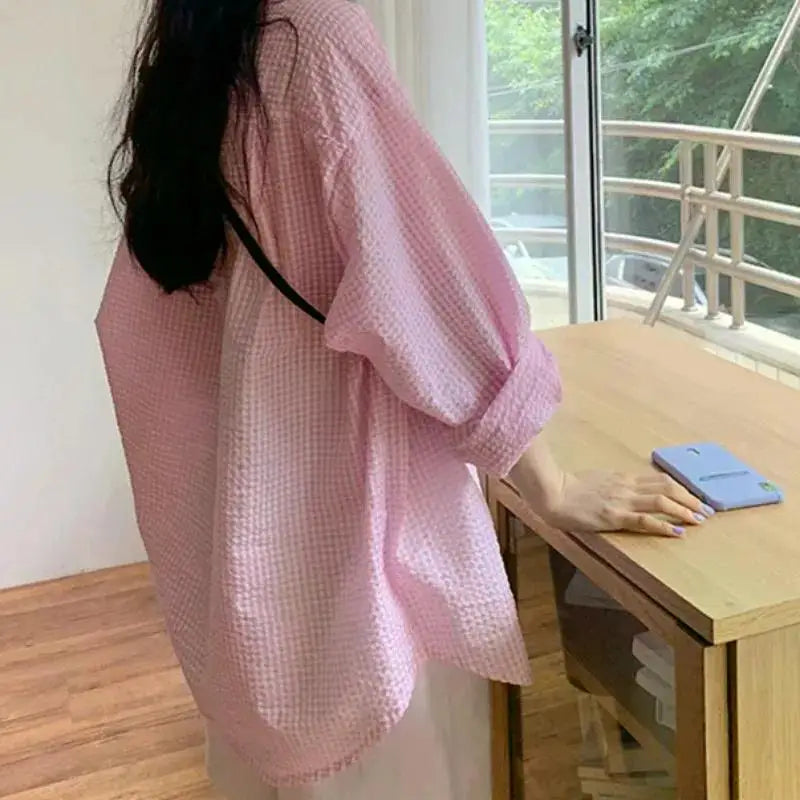 Korean Women's Shirt Sunscreen Long Sleeves Shirt Summer Women's Loose Casual Single Breasted Turndown Collar Plaid - Smarsty
