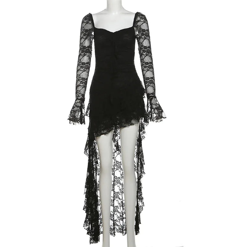 Goth Dark Fairycore Lace Flare Sleeve Square Neck A-line Dress Sweet E-girl Irregular Long Hem Dresses Cyber Y2K Party Vestido - Smarsty