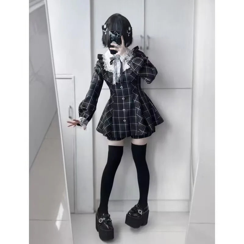 Harajuku Sweet Bow Black Plaid Dresses All-match Slim Fit Kawaii Lolita Dress for Women Autumn New Long Sleeve Vestidos De Mujer - Smarsty