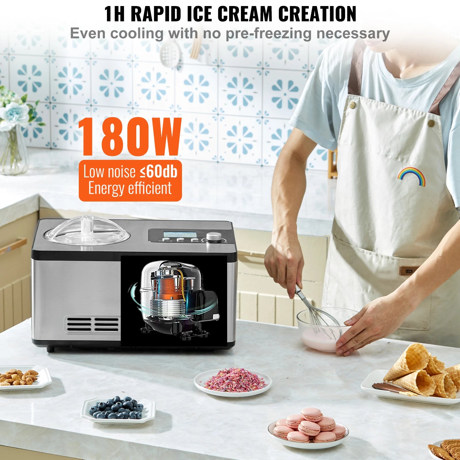 SucceBuy Automatic Ice Cream Maker with Built-in Compressor 2 Quart No Pre-freezing Fruit Yogurt Machine Electric Sorbet Maker