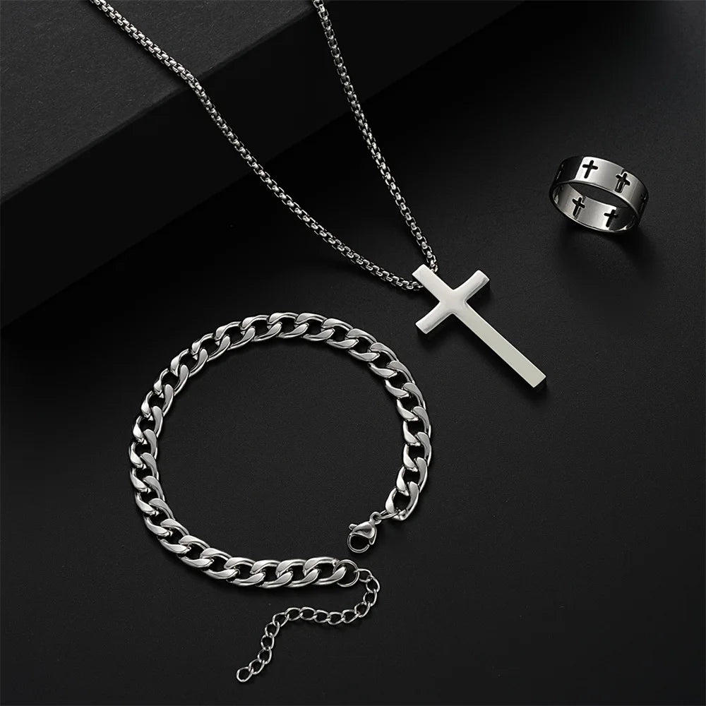 Men's Stainless Steel Cross Pendant Jewelry Set - Smarsty