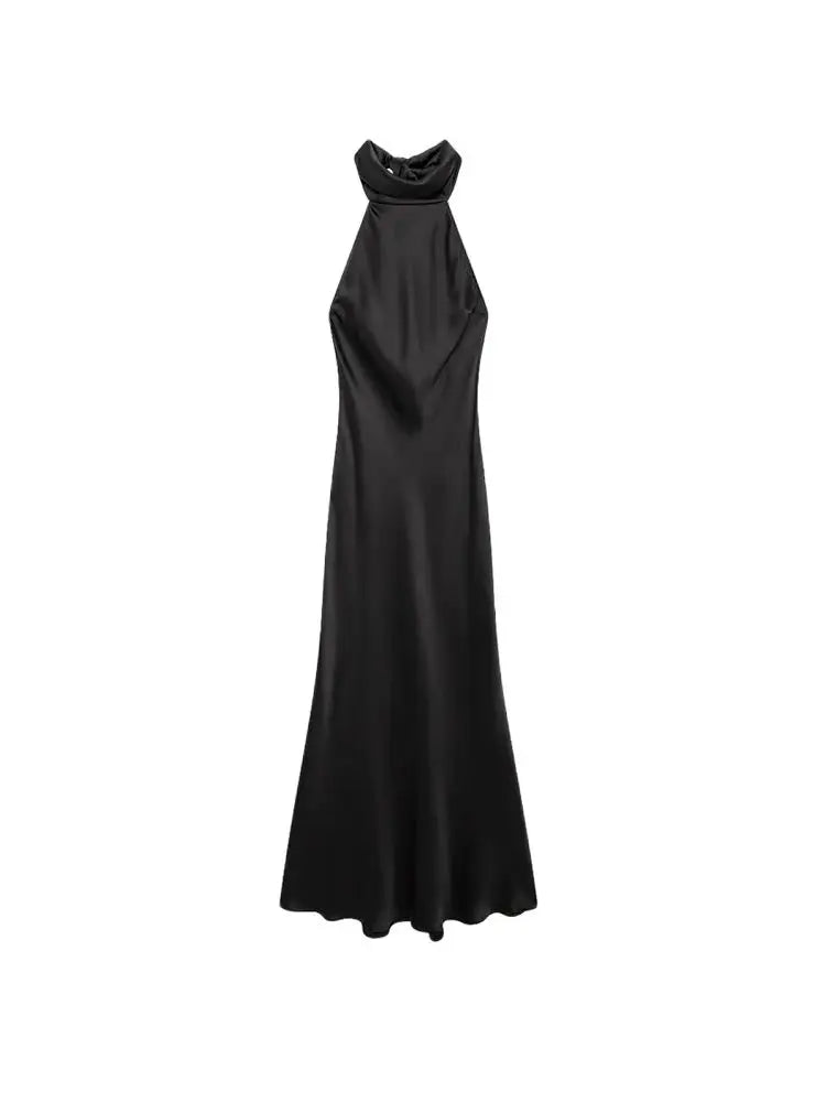 TRZA-Women's Long Satin Halter Dress, Backless, Bow Tied, Back Zipper, Female Dresses, Sexy Fashion - Smarsty