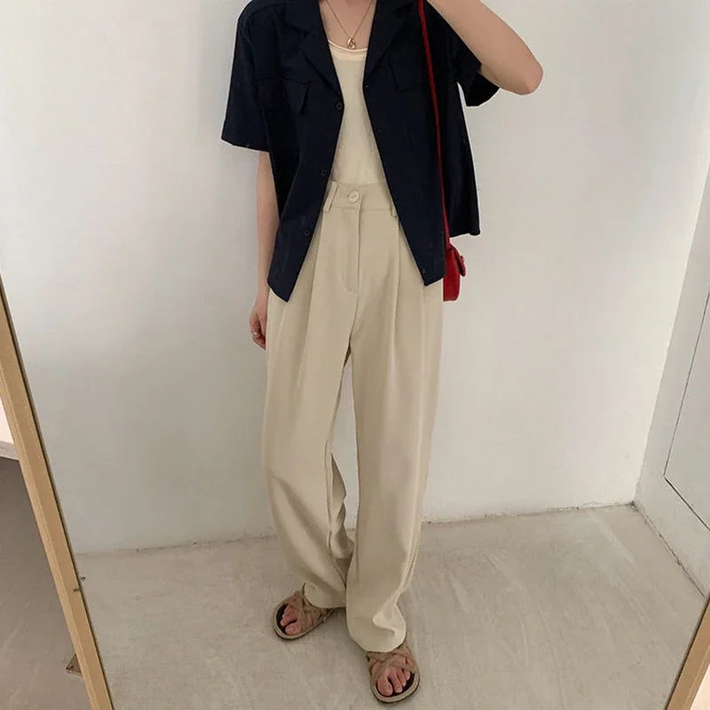 High Waist Women Suit Pants Fall Straight Office Ladies Korean Fashion Trousers Casual Button Loose Female Black Pants New 2024 - Smarsty