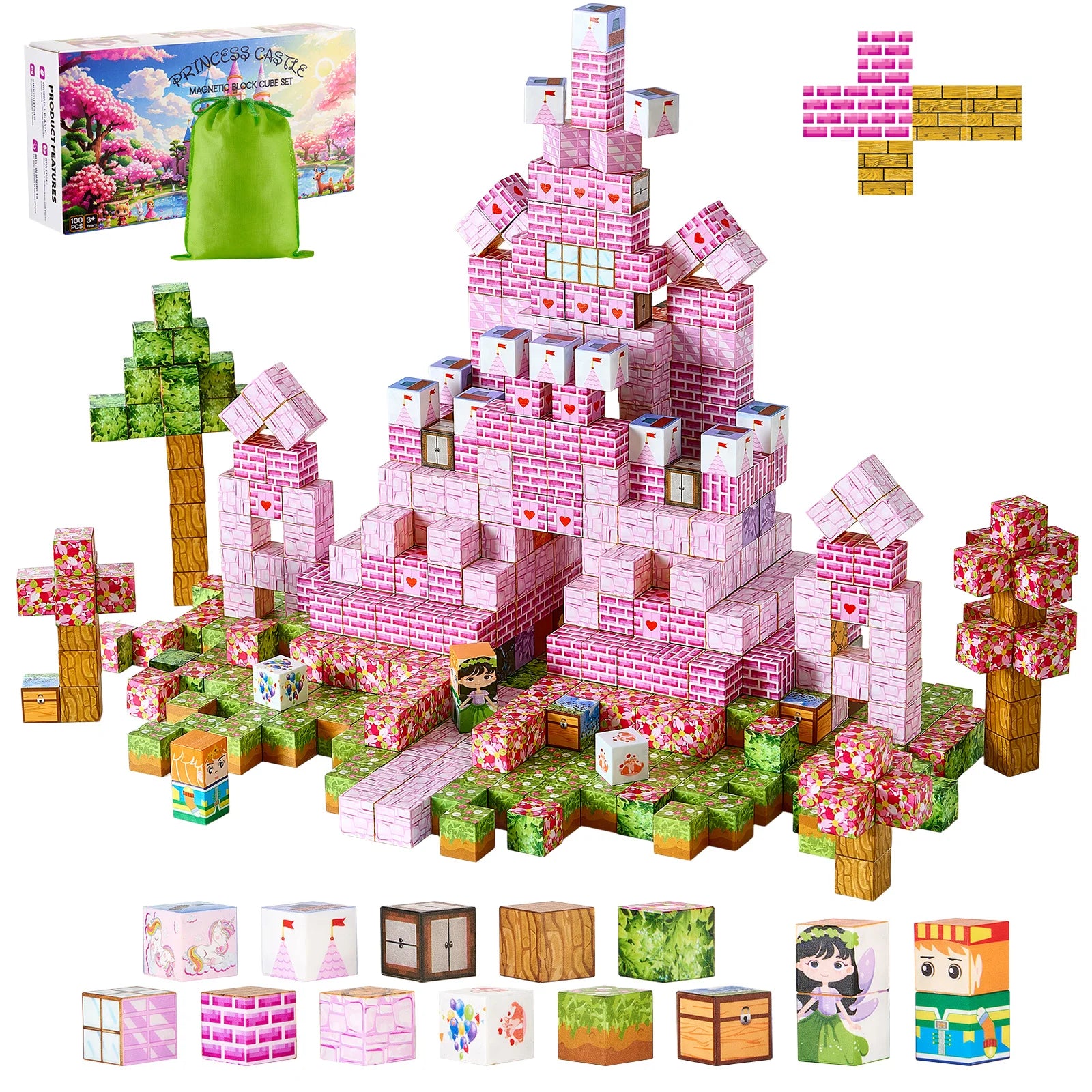 SucceBuy 100PCS Magnetic Blocks Princess Castle Set Magnetic Building Cubes STEM Montessori Sensory Toys for Kids Birthday Gift