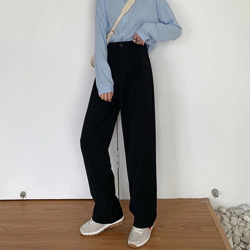 High Waist Women Suit Pants Fall Straight Office Ladies Korean Fashion Trousers Casual Button Loose Female Black Pants New 2024 - Smarsty