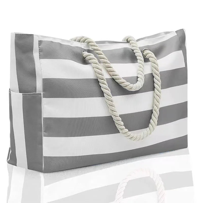 Striped Beach Bag Canvas Tote Large Capacity Eco Friendly - Smarsty