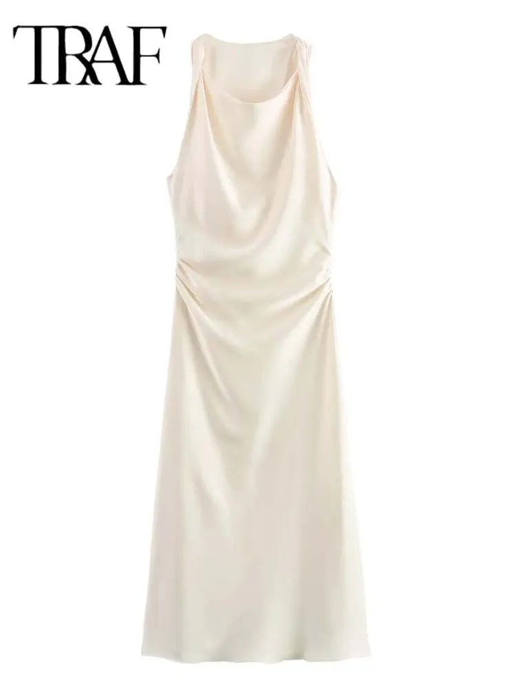 TRAF Satin Long Dresses for Women 2024 Summer Slip Midi Dress Woman Sexy Evening Party Dress Sleeveless Female Elegant Dresses - Smarsty