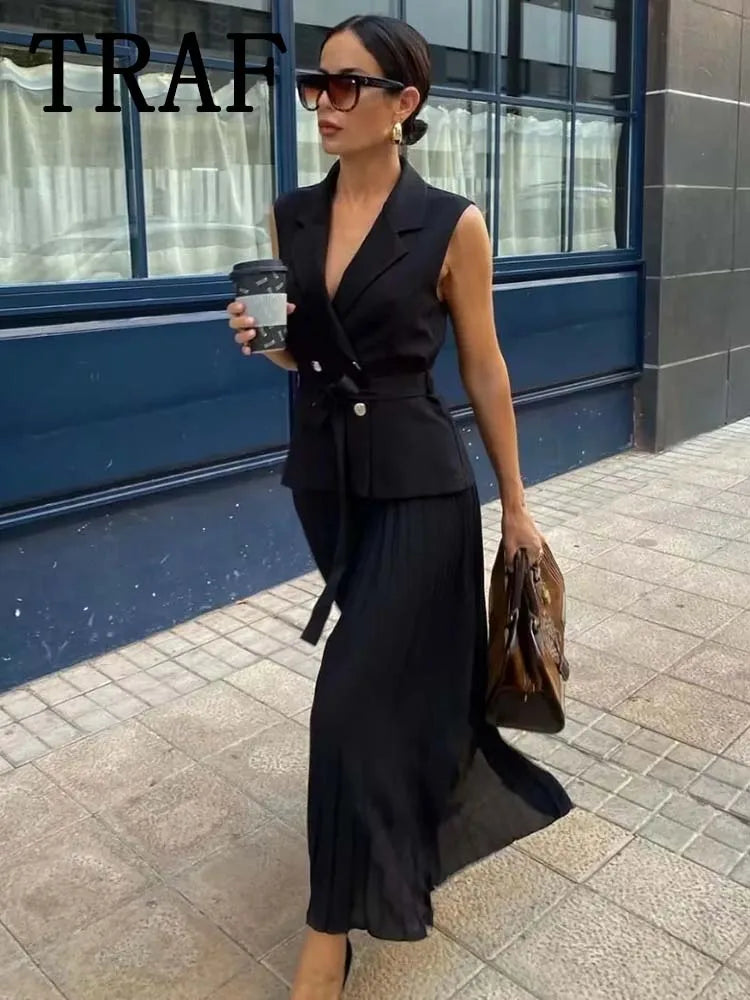 Corset Dress Women Pleated Vests Long Dresses for Women 2024 Sleeveless Office Party Dress Ruched Midi Evening Dresses - Smarsty