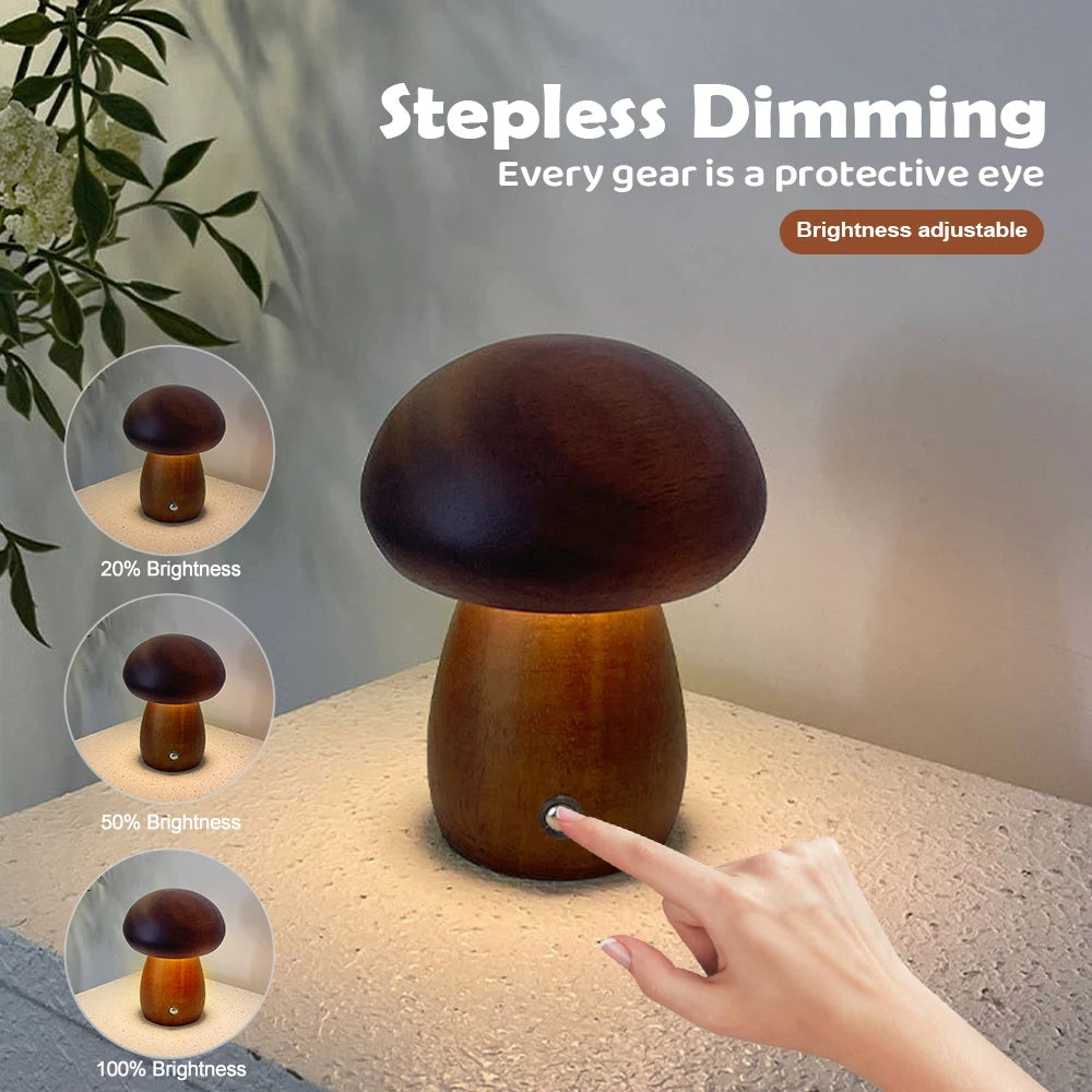 Wooden Mushroom Night Light with Stepless Dimming - Smarsty