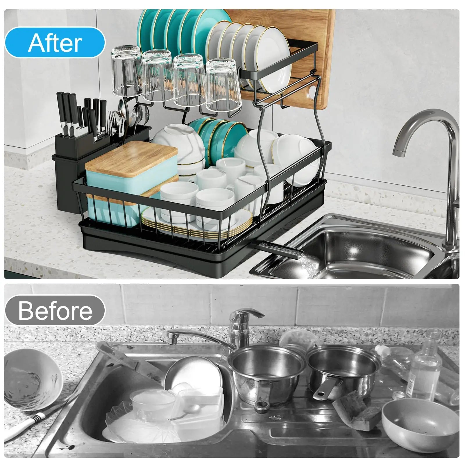 Large 2-tier dish drying rack for kitchen countertops, removable large-capacity dish draining rack by Smarsty