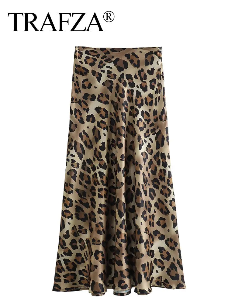 TRAFZA 2024 Women Fashion Leopard Print Skirt Vintage High Waist Midi Skirts Elegant Women Summer Casual Streetwear Skirt - Smarsty