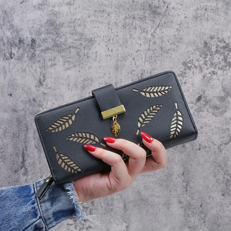 2024 new women's purse sweet lady PU leather horizontal zipper women's medium long hollow leaf purse