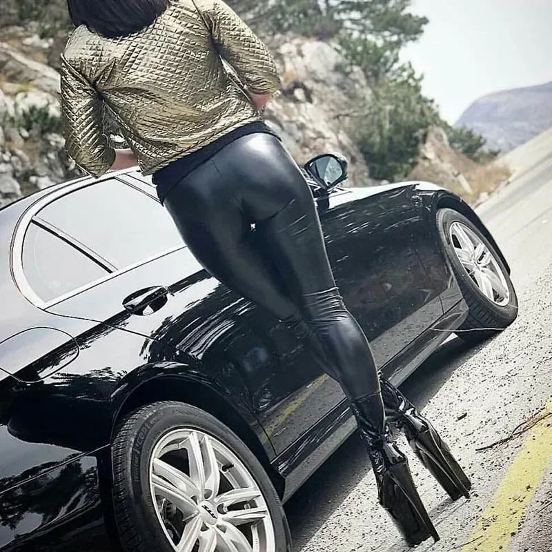 Sexy Black PU Leather Tights Women High Waist Pants High Elastic Slim Fashion Hip Liftting Leggings Skinny Plus Size Tights - Smarsty