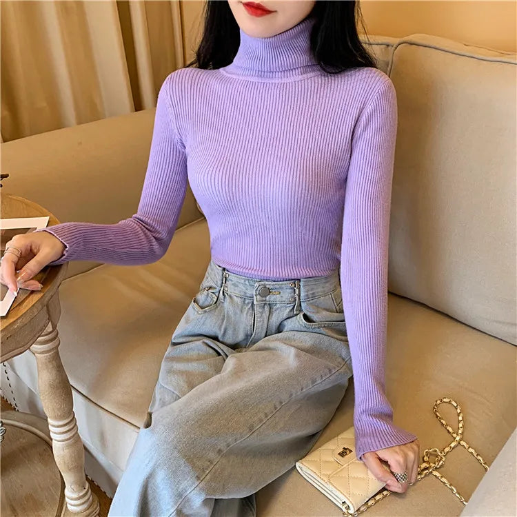 2025 Autumn Winter Women Long Sleeve Knitted Foldover Turtleneck Ribbed Pull Sweater Soft Warm Femme Jumper Pullover Clothes - Smarsty