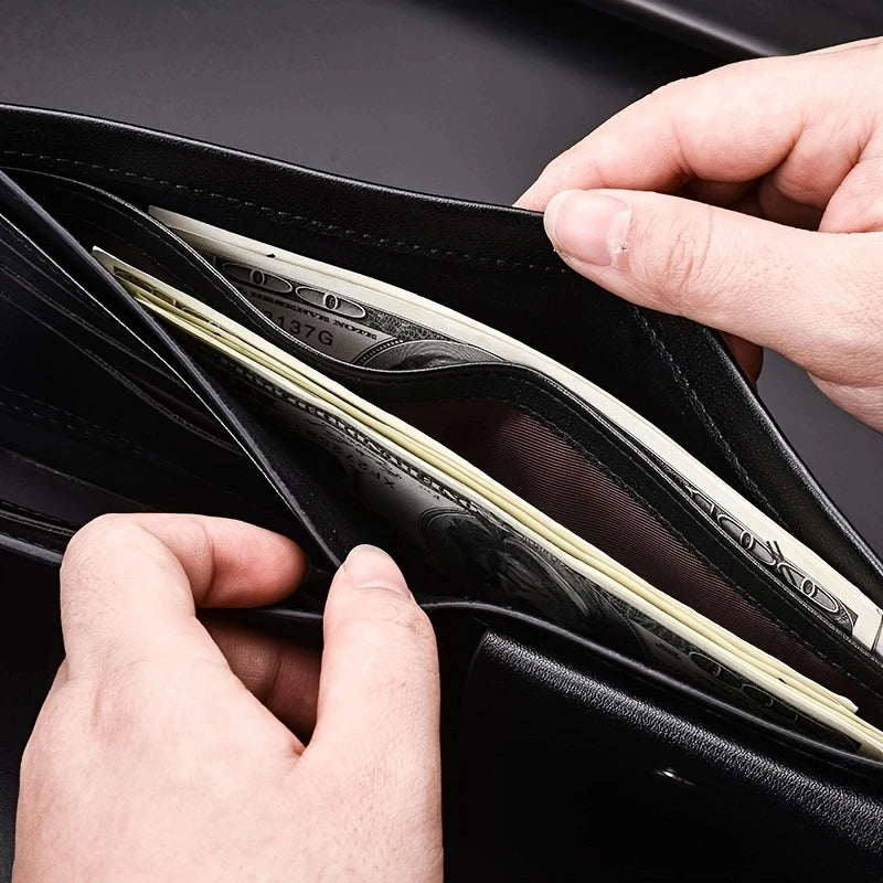 Fashion Men's Solid Color Horizontal Short Style Leather Wallet with Multiple Card Slots and A Clear ID Window for Students - Smarsty