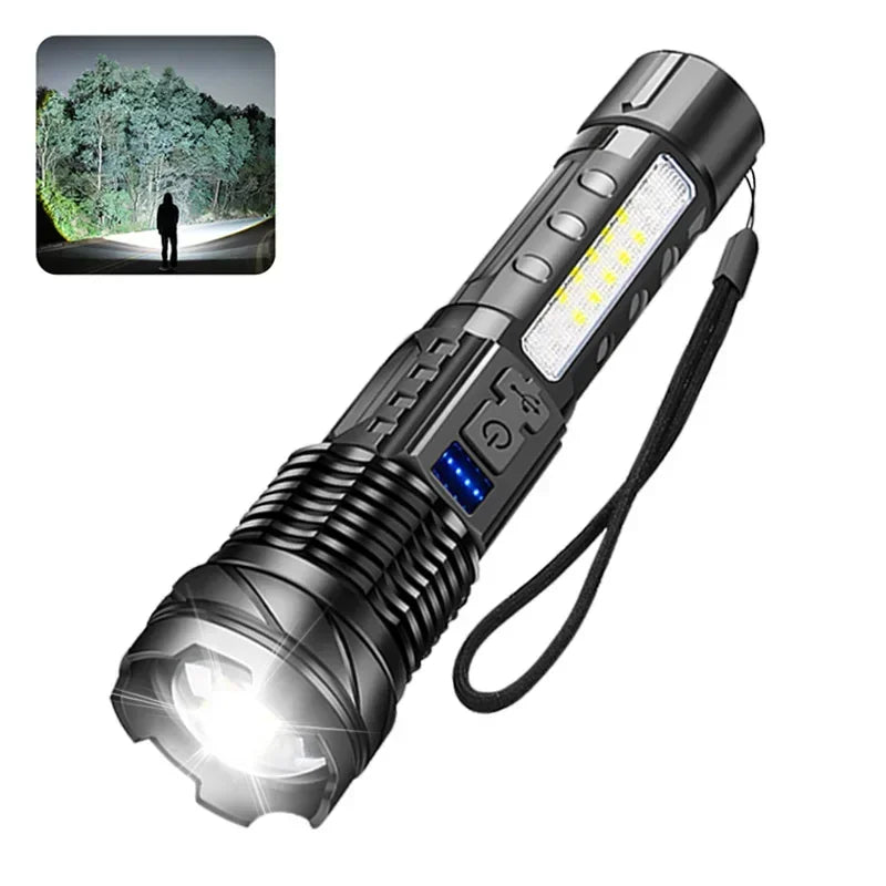 Rechargeable LED Flashlight Zoomable Torch with COB Side Led 7 Modes Waterproof High Power Hand Light Outdoor Wilderness Camping by Smarsty