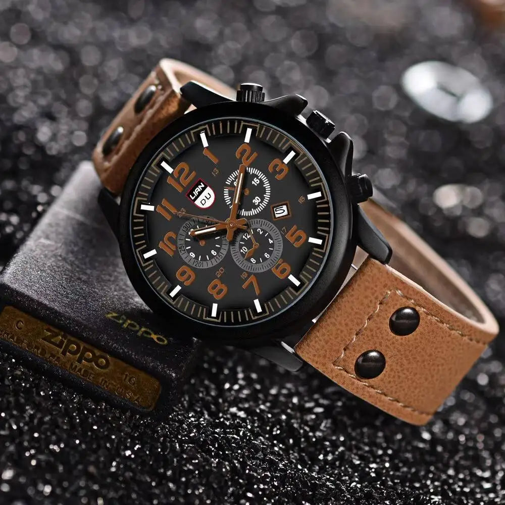 Men's Casual Leather Strap Quartz Sports Watch - Smarsty
