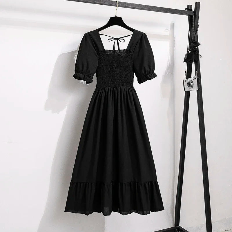 Spring Summer Chiffon Dresses Fashion Female Elastic Waist Short Sleeve Pleated Casual Dress Women A-line Dresses Vestidos - Smarsty