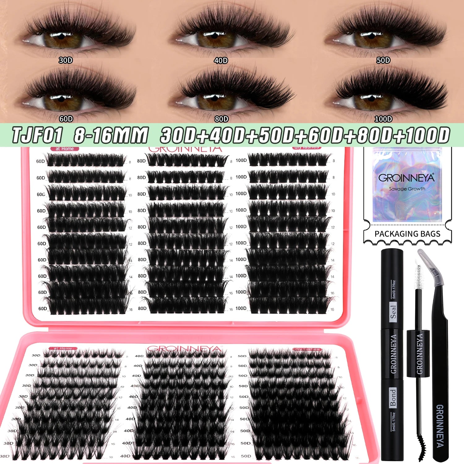GROINNEYA DIY Lash Clusters Kit Mixed Tray Eyelash Extension Full Set Individual Lashes with Lash Bond&Seal and Tweezers Tool - Smarsty
