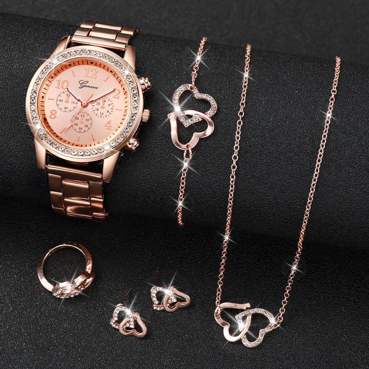 6PCS Women's Rhinestone Quartz Watch Set with Stainless Steel Band - Smarsty