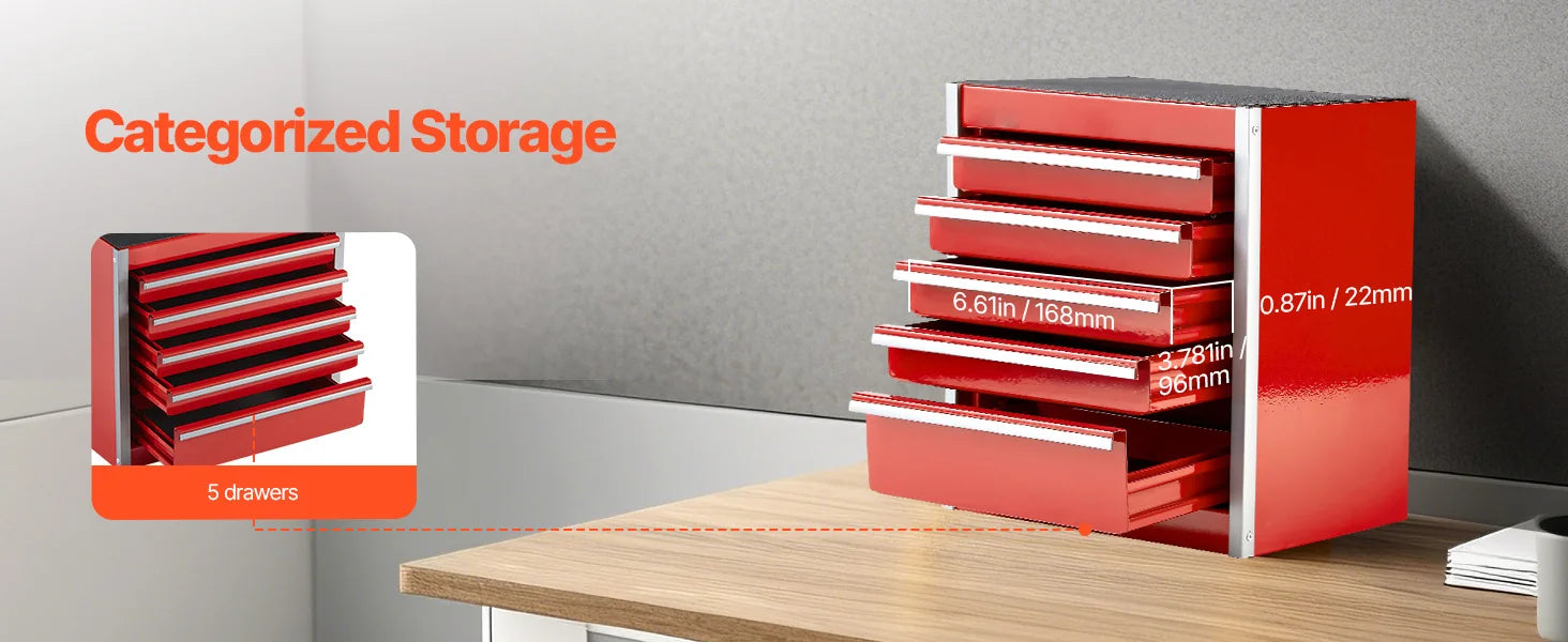 SucceBuy 5-Drawer 8.6in Metal Tool Box Red/Black Portable Small Tool Chest with PP Feet Pads for Garage Workshop Tools Storage