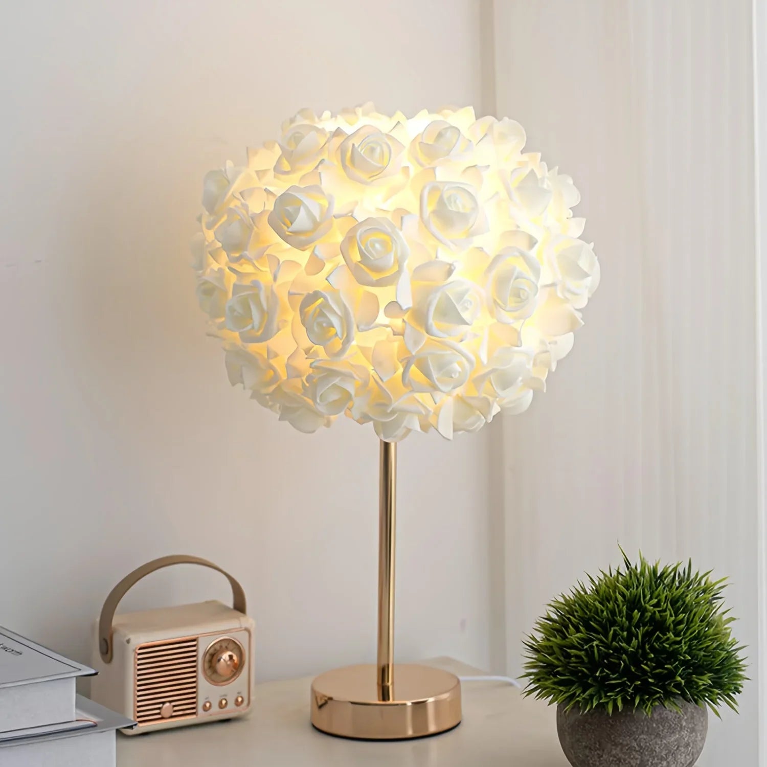 High-End LED Table Lamp with 52 Rose Flower Shade, Polished Metal Base for Bedside, Living Room, and Office Decor