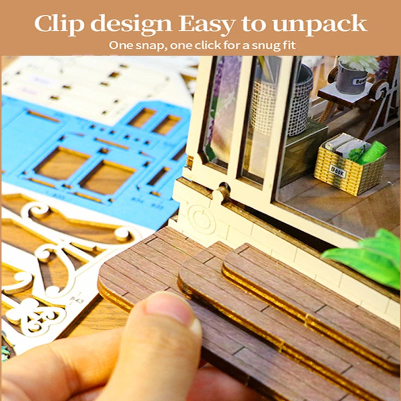 Wooden Flower Garden Doll House DIY Garden House Book Nook Shelf Insert 3D Puzzle Assembly Building Bookshelf With LED Lights