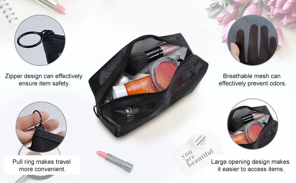 1PC Travel Black Mesh Cosmetic Bag Zipper Makeup Bag For Women Wash Toiletry Bag Makeup Organizer Portable Storage Pouch - Smarsty
