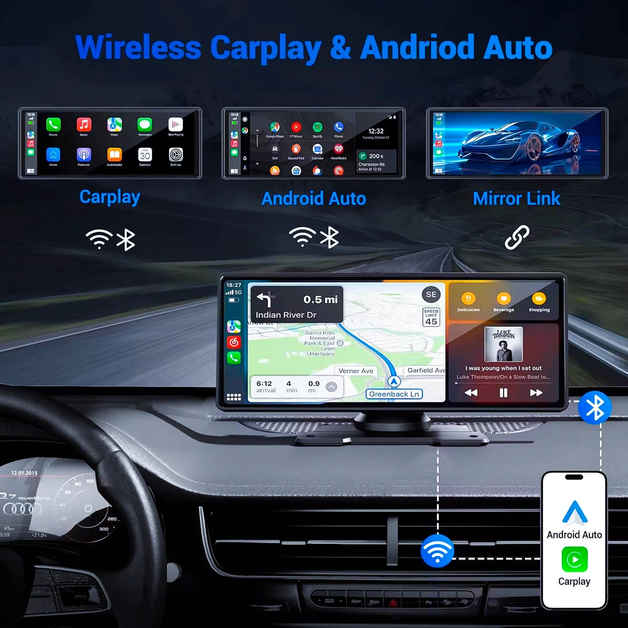 Pionray 10.26 inch Portable 4K Car DVR Wireless Carplay & Android Auto GPS Navigation Video Recorder Dashboard Dual Lens Wifi FM