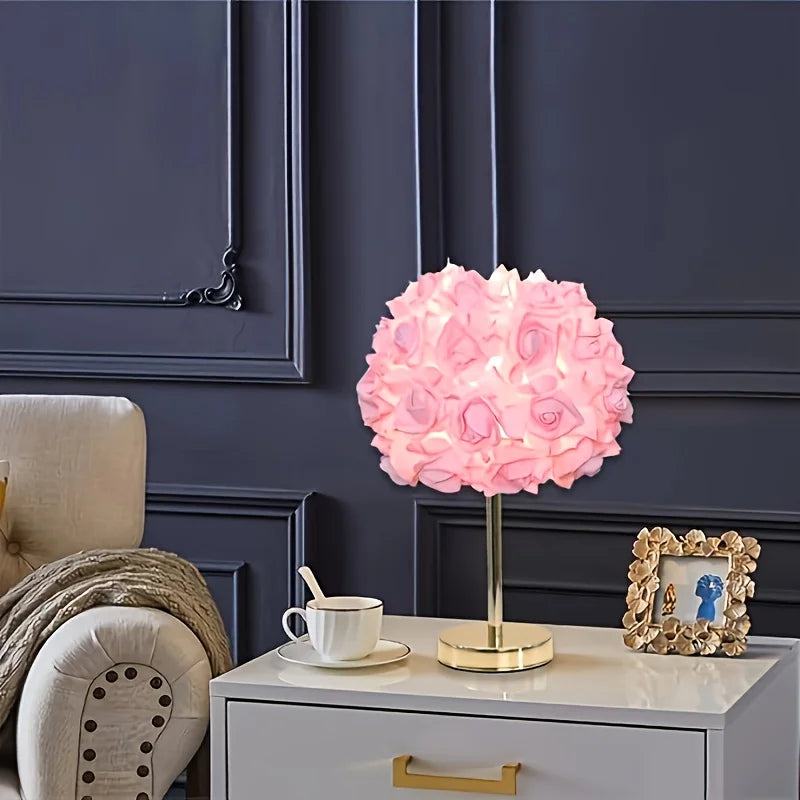 High-End LED Table Lamp with 52 Rose Flower Shade, Polished Metal Base for Bedside, Living Room, and Office Decor