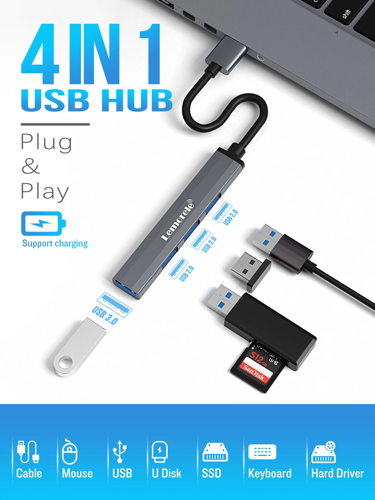 4 Port USB 3.0 Hub Docking Adapter For Laptops And Tablets