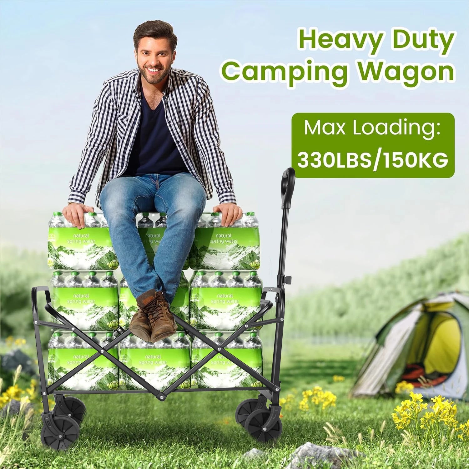 Heavy Duty Wagon Carts Foldable, Portable Wagons for Groceries, Beach Cart with All-Terrain Wheels Drink Holders, Utility Wagon