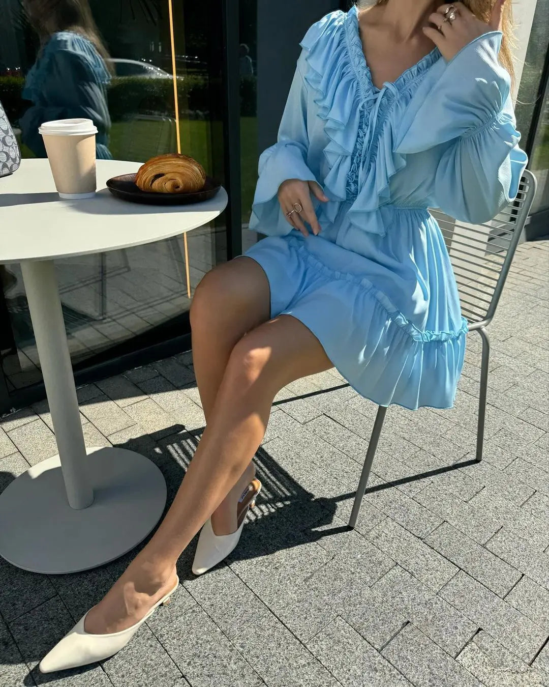Tossy Ruffled V-Neck White Mini Dress Female Patchwork Long Sleeve Elegant Bandage Fashion Dress High Waist Lace-Up Women Dress - Smarsty