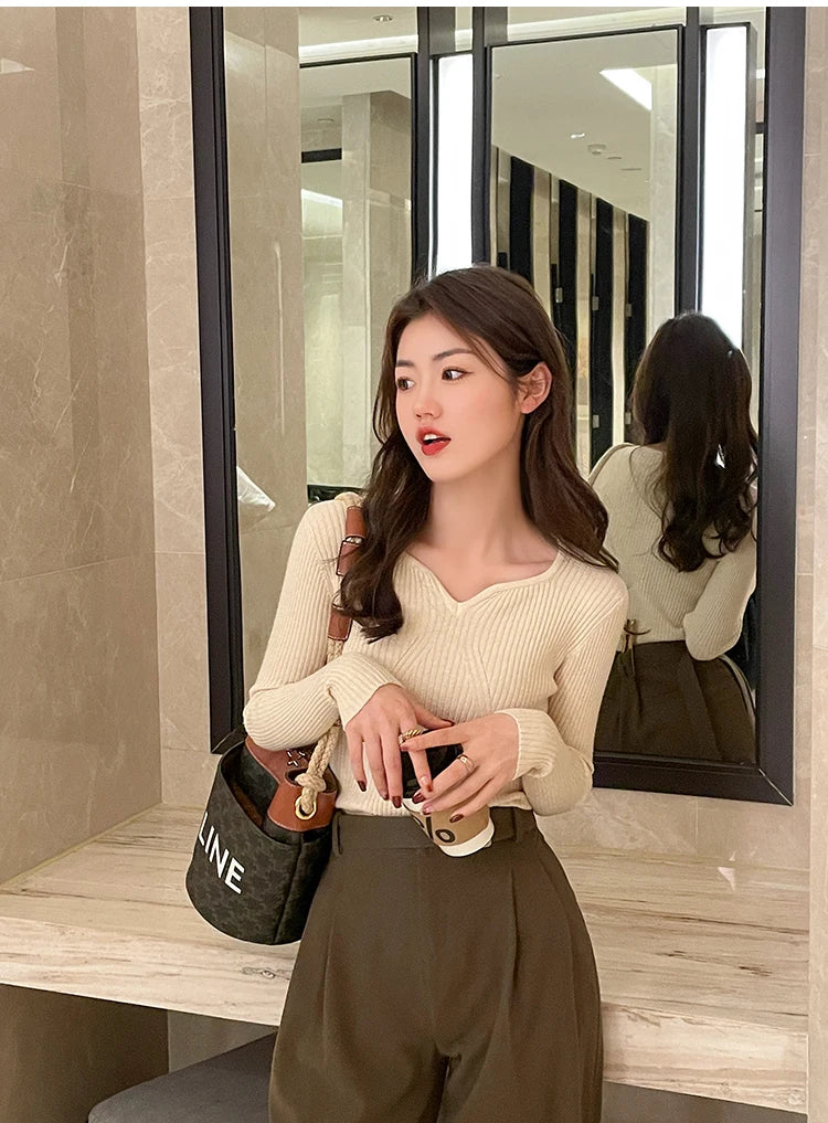 2025 Basic V-neck Chic Autumn Winter Pullover Women Female Knitted Ribbed Sweater Slim Long Sleeve Badycon High Quality Sweater - Smarsty