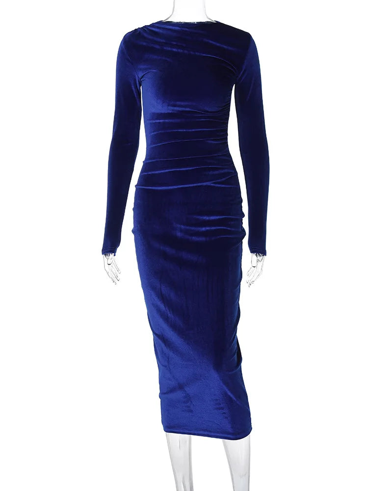Dulzura 2024 Spring Summer Velvet Long Sleeve Midi Dress For Women Ruched Long Dress Elegant Party Clothes Evening Green Outfits - Smarsty
