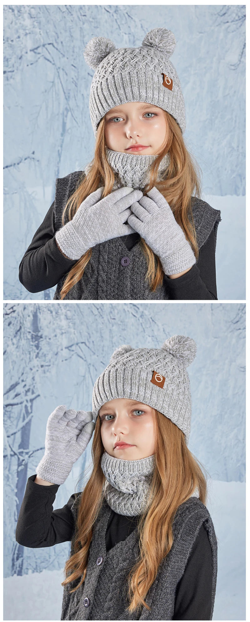 Winter Kids Hat Set Warm Beanie Scarf Gloves Pompom Fleece - Smarsty