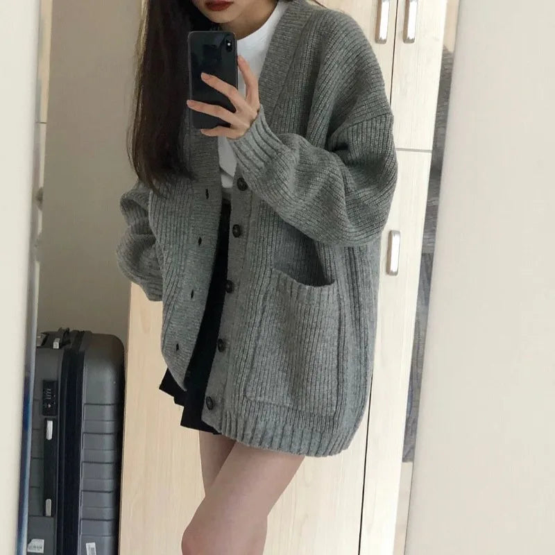 Autumn Winter Women Cardigan Sweater Coats Fashion Female Long Sleeve V-neck Loose Knitted Jackets Casual Sweater Cardigans - Smarsty