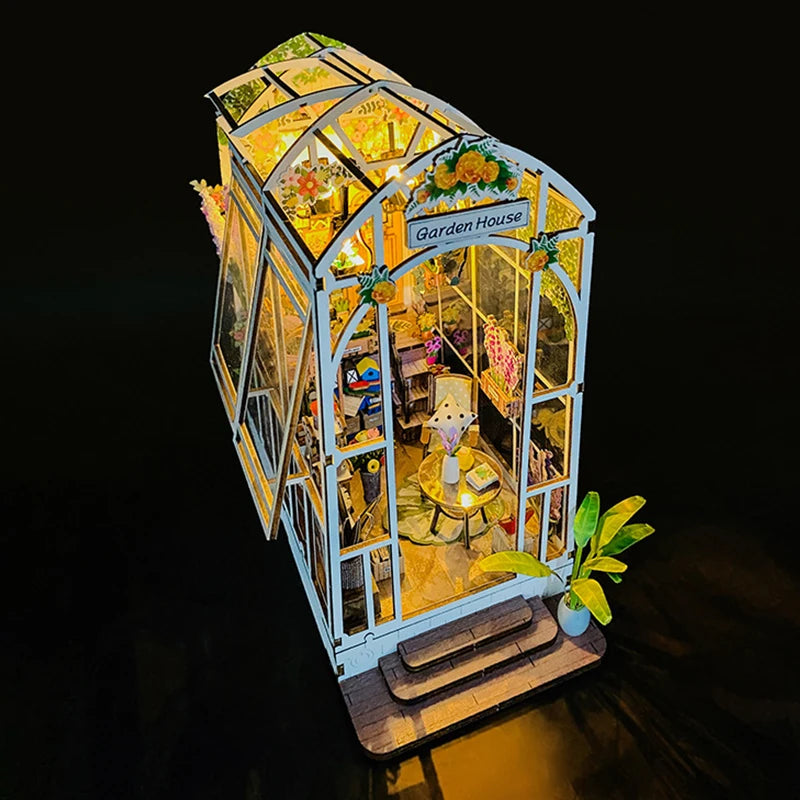 Wooden Flower Garden Doll House DIY Garden House Book Nook Shelf Insert 3D Puzzle Assembly Building Bookshelf With LED Lights