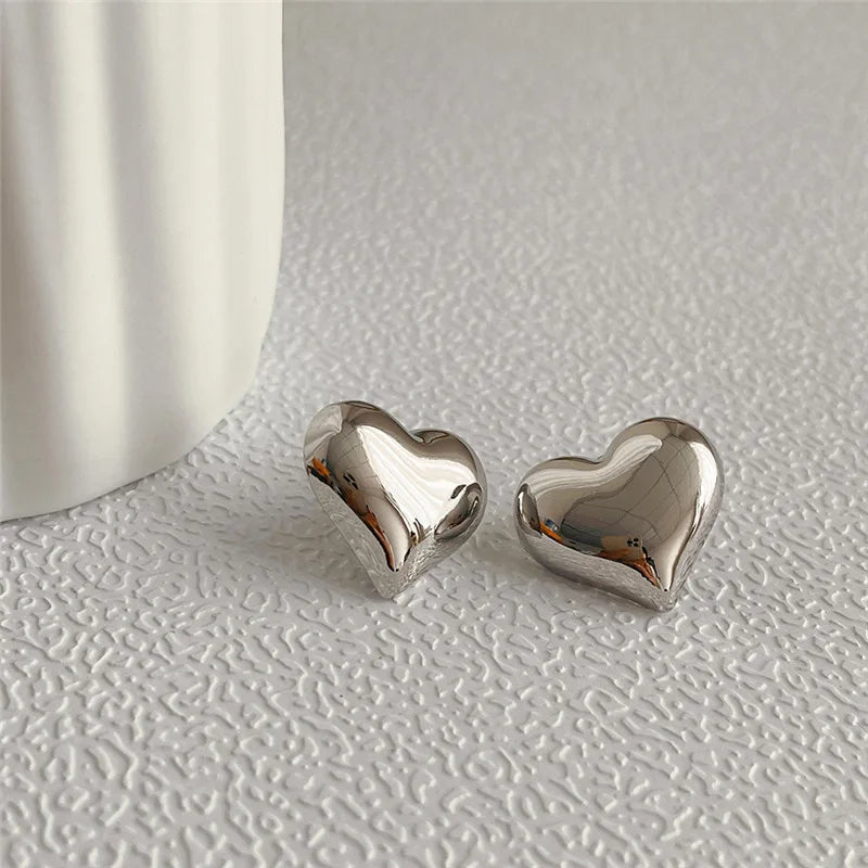 Gold Heart Stud Earrings Minimalist Smooth Bridal Wedding - Smarsty