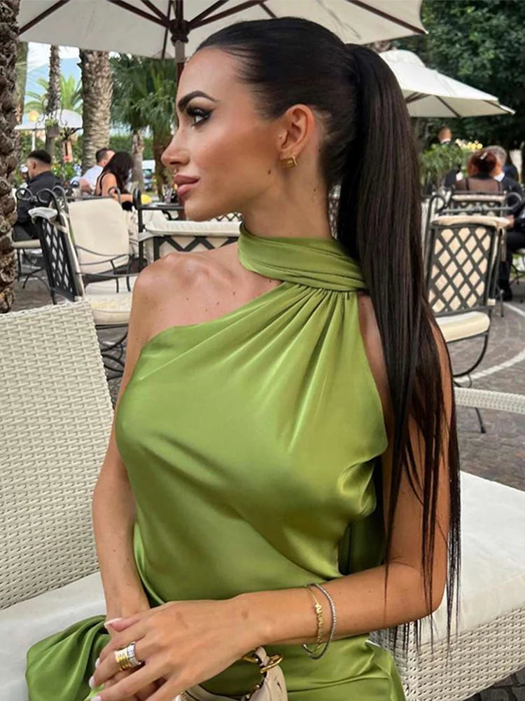 Elegant Solid Ribbon Women Halter Dress Off Shoulder Sleeveless Backless Slim Female Maxi Dresses 2025 Summer New Chic Lady Robe - Smarsty