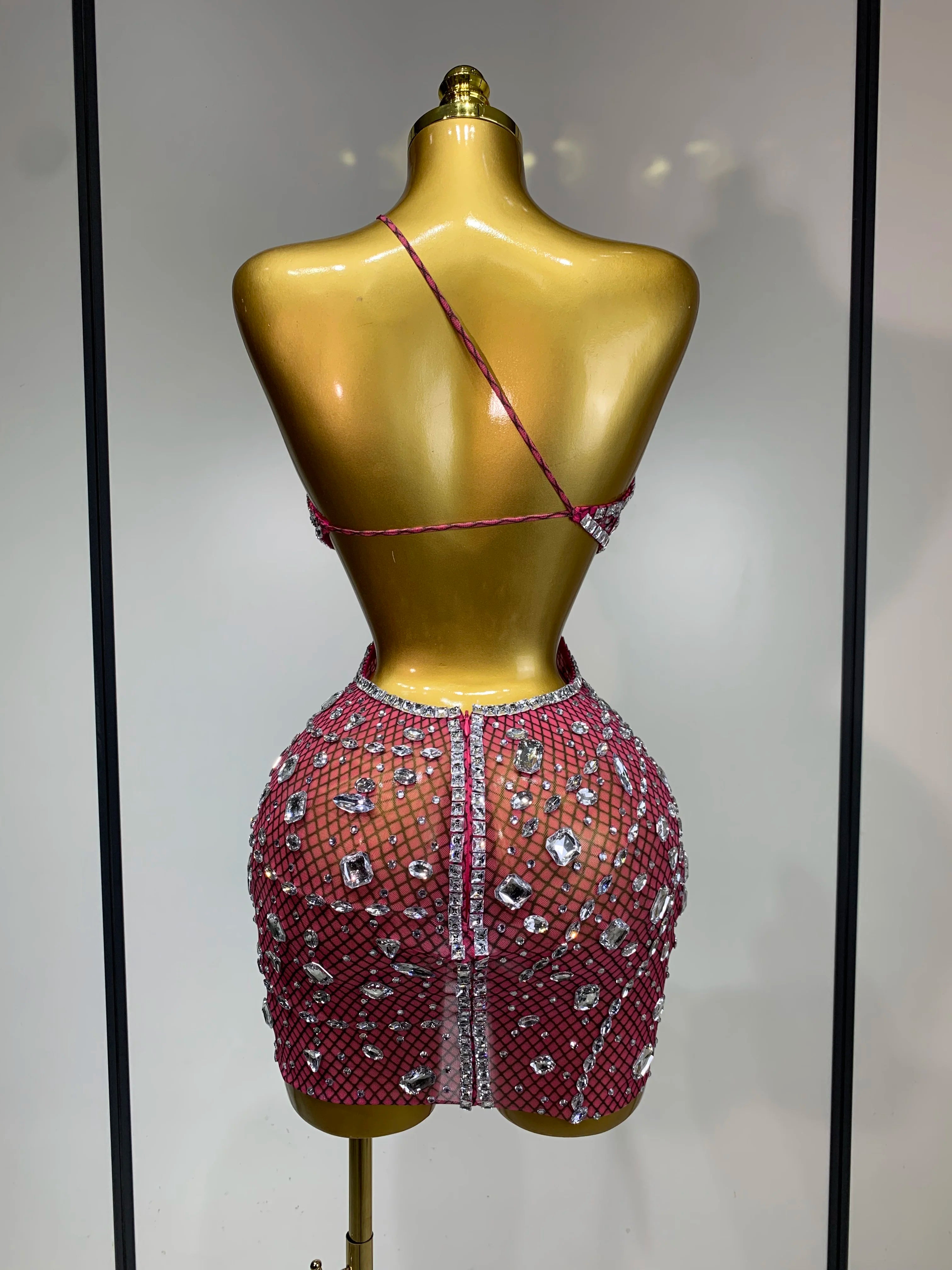 Sexy Sparkly Diamond Backless Short Dress 2025 Women Sleeveless Mesh See Through Evening Birthday Gown Singer Stage Outfit - Smarsty