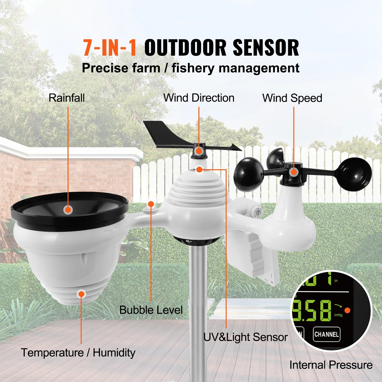 SucceBuy 7-in-1 Wi-Fi Weather Station 7.5 in Color Display + Solar Wireless Outdoor Sensor Alarm Alerts for Temperature Humidity