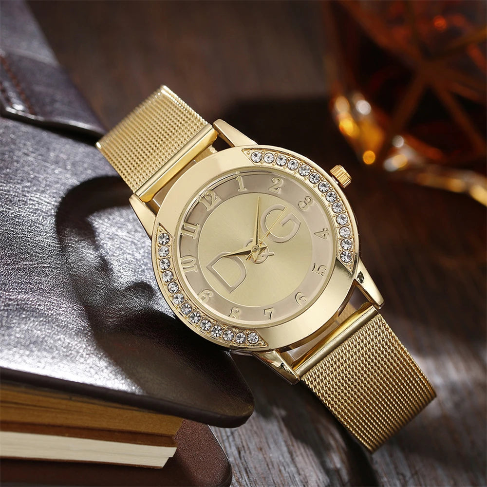 Luxury Women's Diamond Quartz Watch with Gold Mesh Strap - Smarsty
